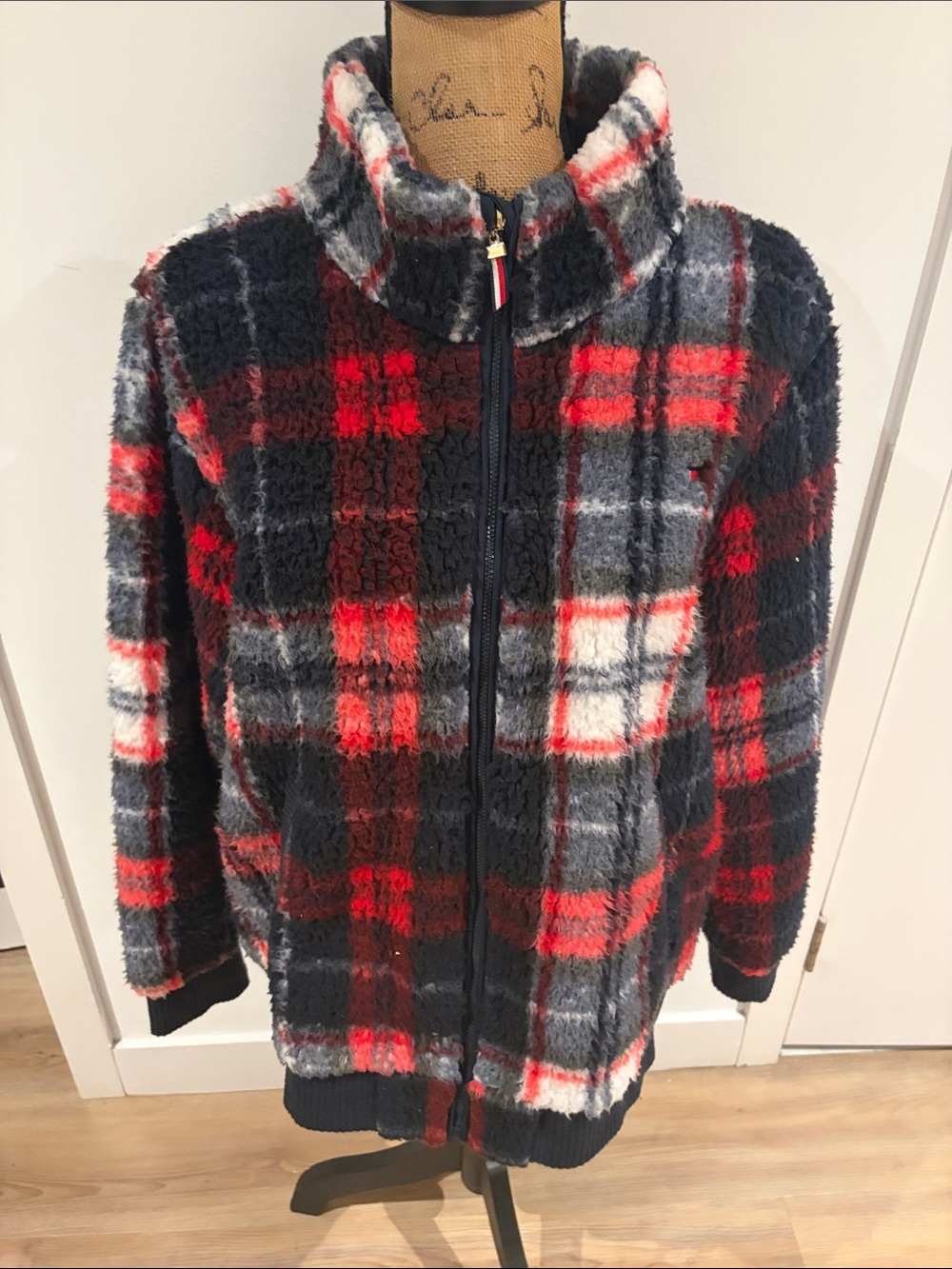 Tommy Hilfiger Red, Navy & Gray Plush Plaid Zip-Up Jacket